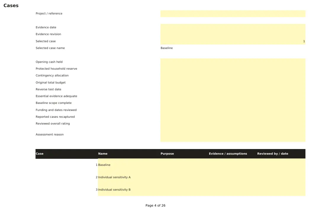 Preview of the blank Self Build Stress Test Model Cases sheet
