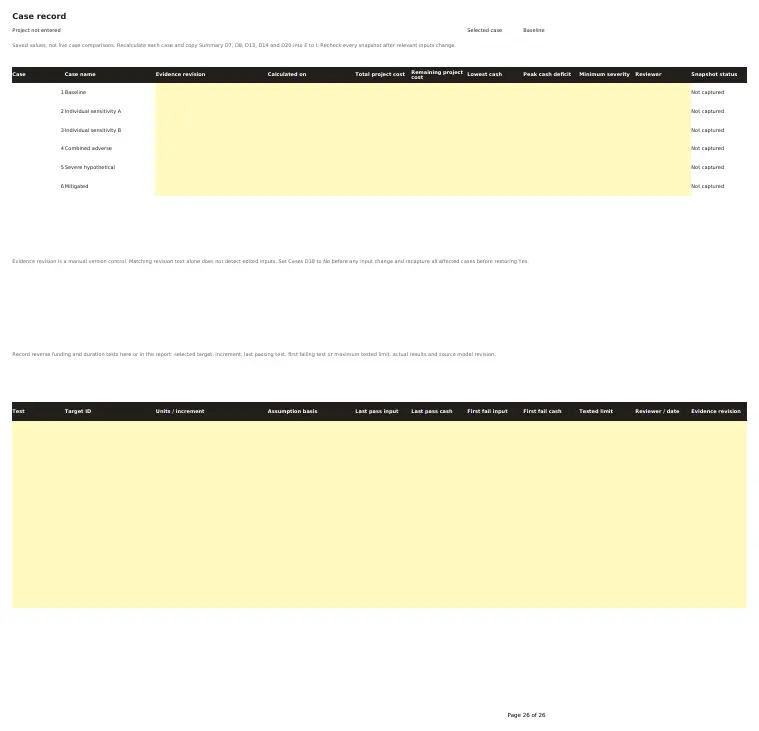 Preview of the blank Self Build Stress Test Model Case record sheet with reverse-test columns
